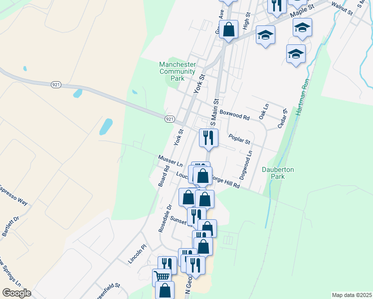 map of restaurants, bars, coffee shops, grocery stores, and more near 230 Cloverlane Drive in Manchester