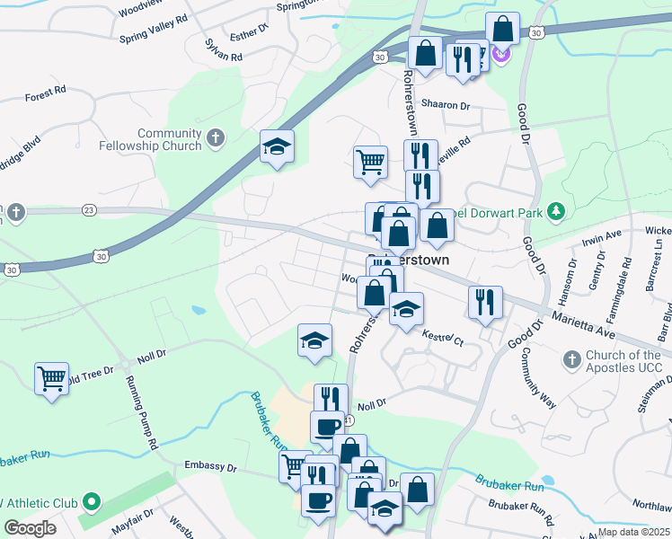 map of restaurants, bars, coffee shops, grocery stores, and more near 2301 Wood Street in Lancaster
