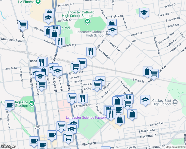 map of restaurants, bars, coffee shops, grocery stores, and more near 401 Ice Avenue in Lancaster