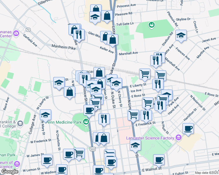 map of restaurants, bars, coffee shops, grocery stores, and more near 1022 U.S. 222 in Lancaster