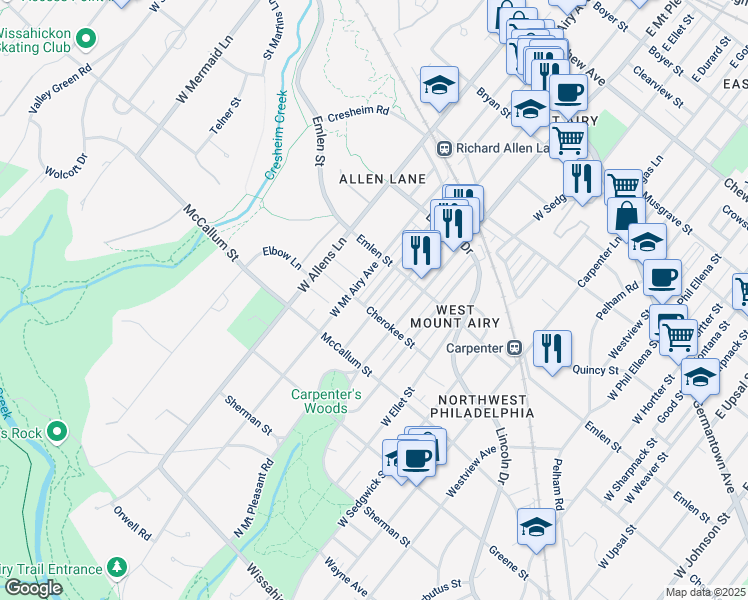 map of restaurants, bars, coffee shops, grocery stores, and more near 442 Wellesley Road in Philadelphia