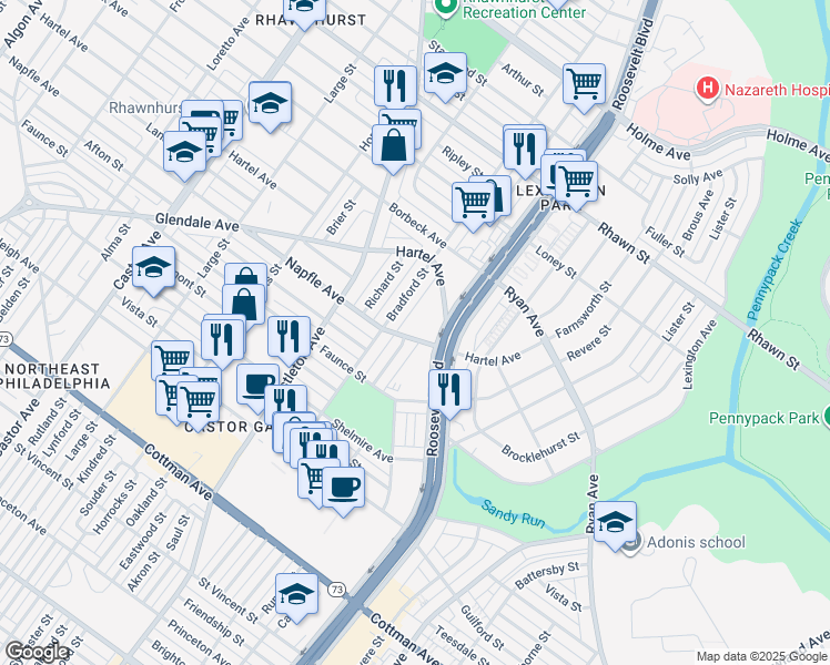 map of restaurants, bars, coffee shops, grocery stores, and more near 7711 Bradford Street in Philadelphia