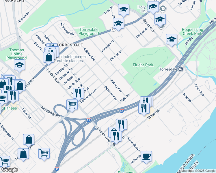 map of restaurants, bars, coffee shops, grocery stores, and more near 4715 Pearson Avenue in Philadelphia