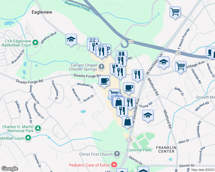 map of restaurants, bars, coffee shops, grocery stores, and more near 180 Eagleview Boulevard in Exton