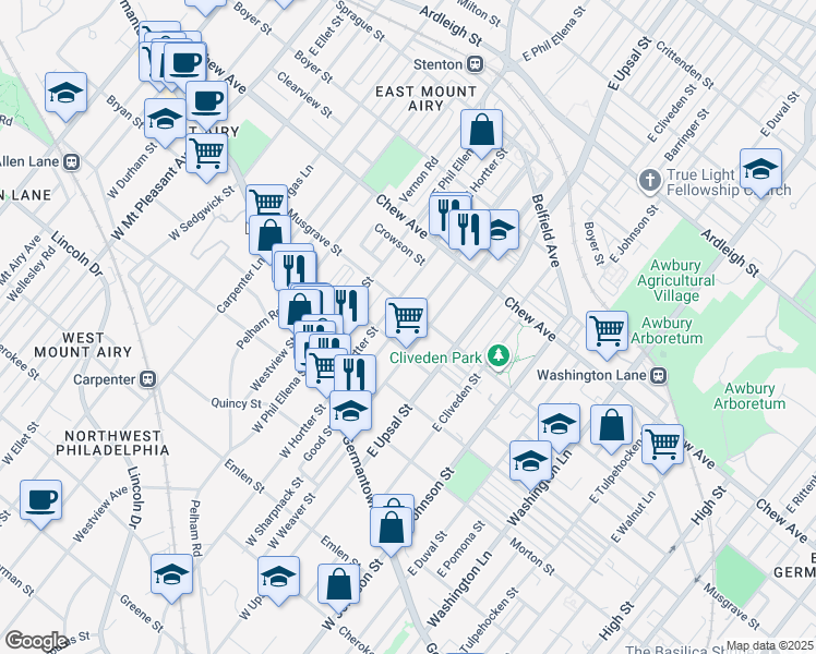 map of restaurants, bars, coffee shops, grocery stores, and more near 6634 Musgrave Street in Philadelphia