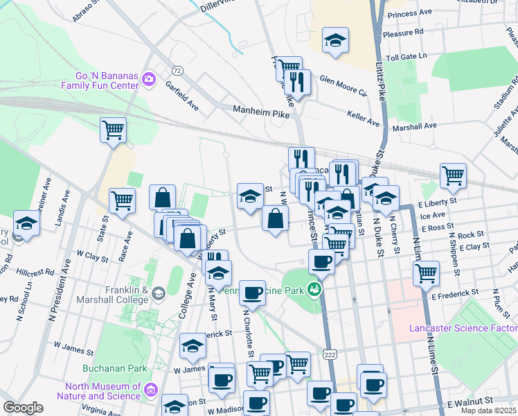 map of restaurants, bars, coffee shops, grocery stores, and more near 1090 N Charlotte St in Lancaster