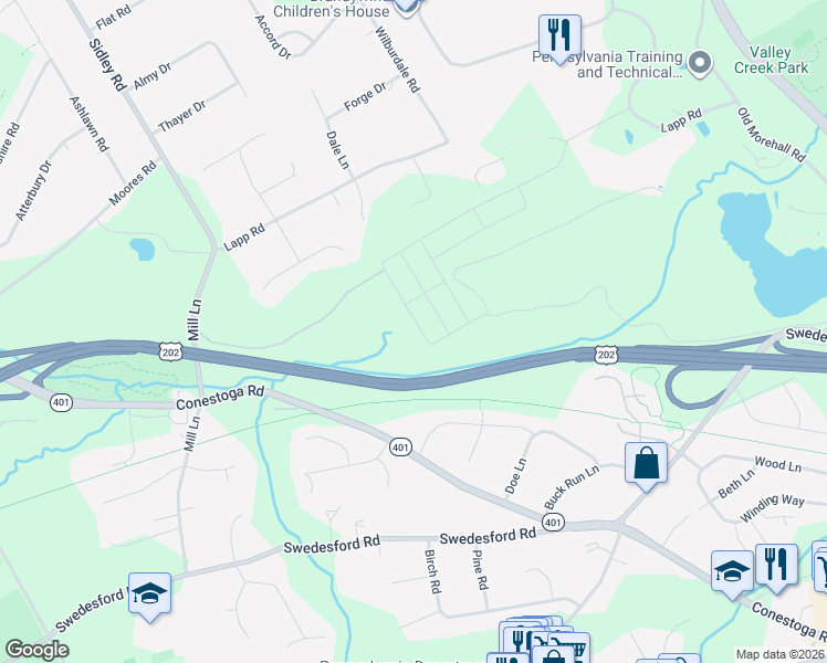map of restaurants, bars, coffee shops, grocery stores, and more near 272 Lapp Road in Malvern