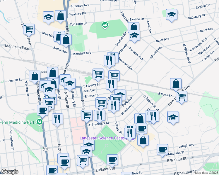 map of restaurants, bars, coffee shops, grocery stores, and more near 341 East Liberty Street in Lancaster