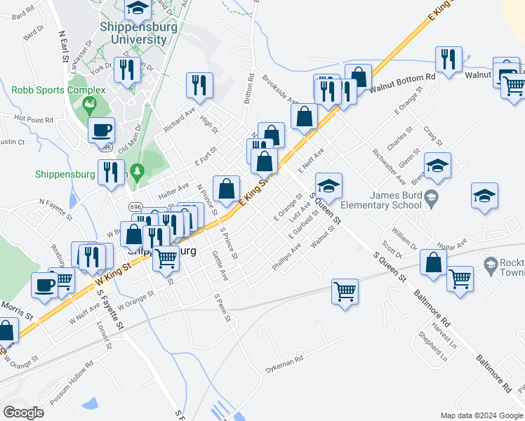 map of restaurants, bars, coffee shops, grocery stores, and more near 19 South Washington Street in Shippensburg