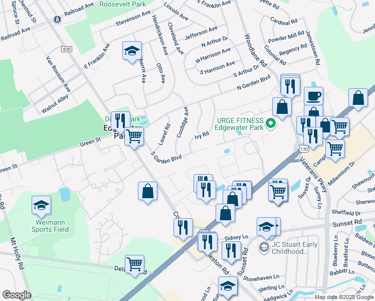 map of restaurants, bars, coffee shops, grocery stores, and more near 205 South Garden Boulevard in Beverly