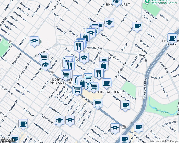 map of restaurants, bars, coffee shops, grocery stores, and more near 2111 Vista Street in Philadelphia
