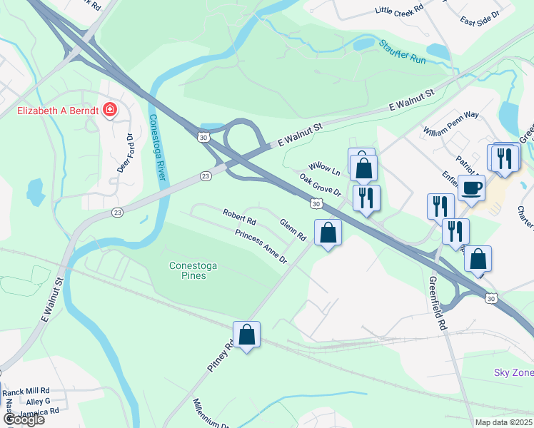 map of restaurants, bars, coffee shops, grocery stores, and more near 1626 Glenn Road in Lancaster