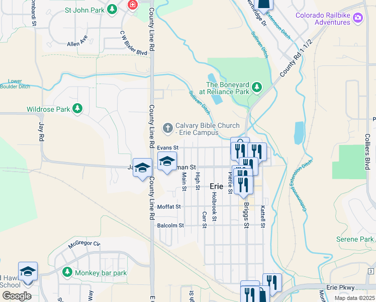 map of restaurants, bars, coffee shops, grocery stores, and more near 585 Evans Street in Erie