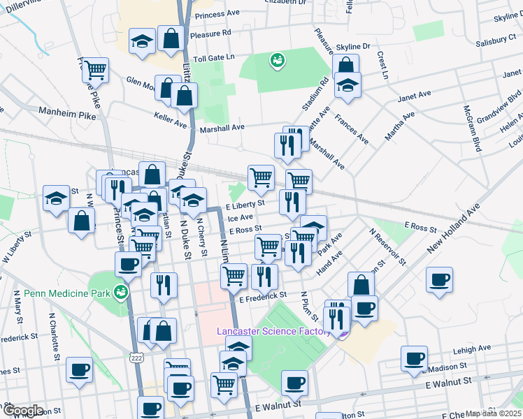 map of restaurants, bars, coffee shops, grocery stores, and more near 933 North Shippen Street in Lancaster