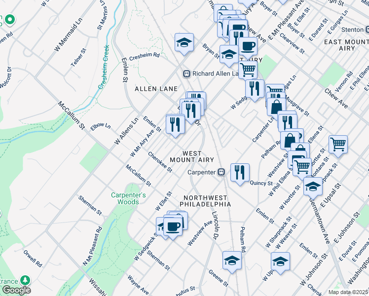 map of restaurants, bars, coffee shops, grocery stores, and more near 7037 Emlen Street in Philadelphia