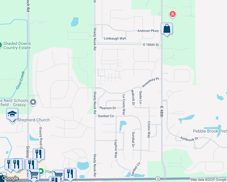 map of restaurants, bars, coffee shops, grocery stores, and more near 4226 Amesbury Place in Noblesville