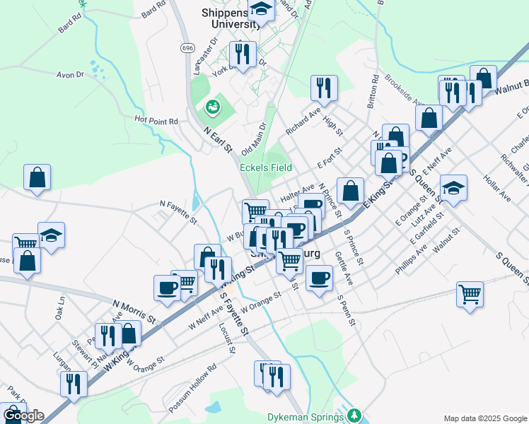 map of restaurants, bars, coffee shops, grocery stores, and more near 119 North Earl Street in Shippensburg