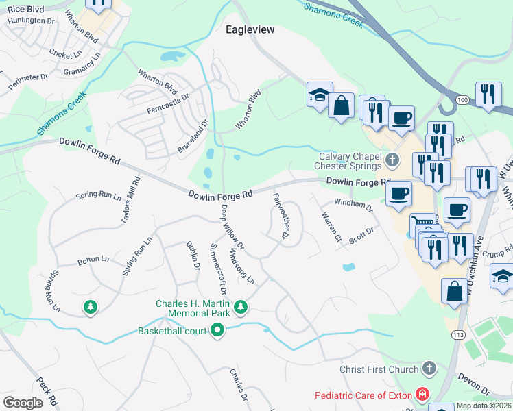 map of restaurants, bars, coffee shops, grocery stores, and more near 426 Dowlin Forge Road in Exton