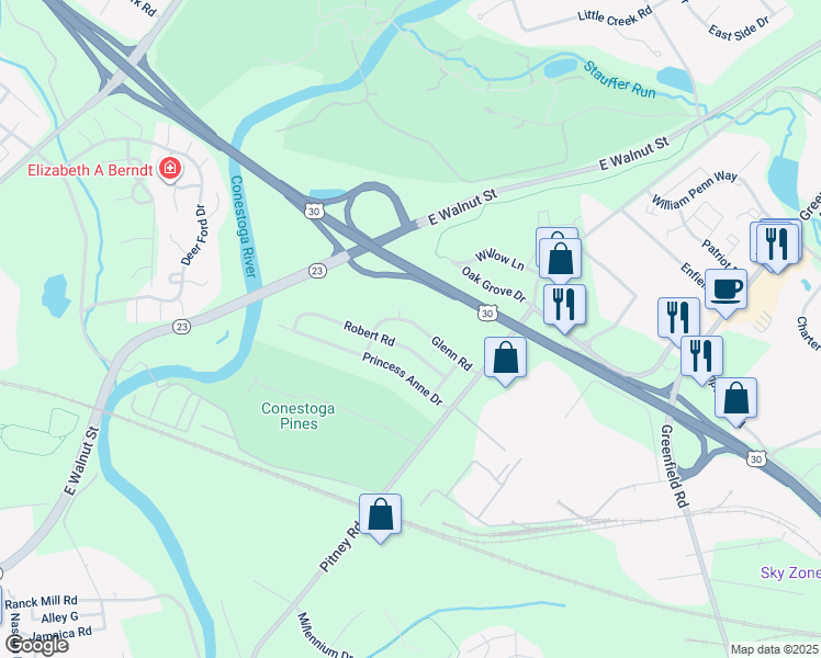 map of restaurants, bars, coffee shops, grocery stores, and more near 1626 Glenn Road in Lancaster