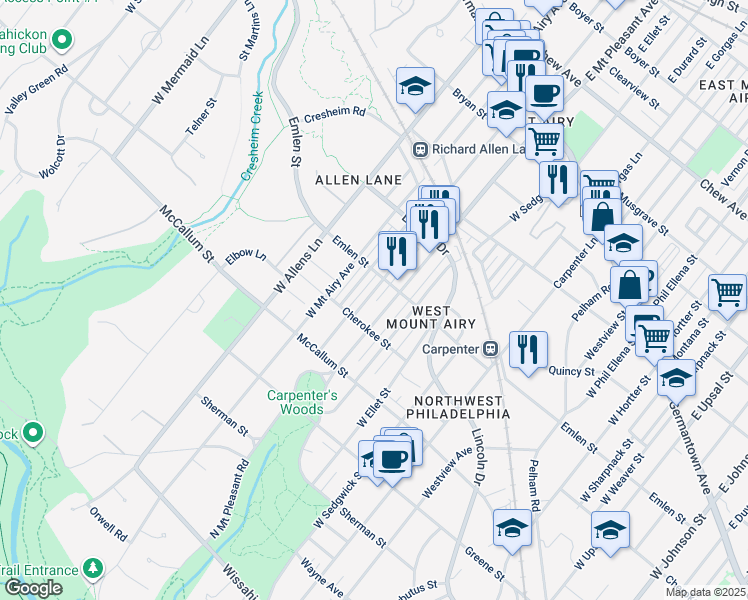 map of restaurants, bars, coffee shops, grocery stores, and more near 422 West Durham Street in Philadelphia