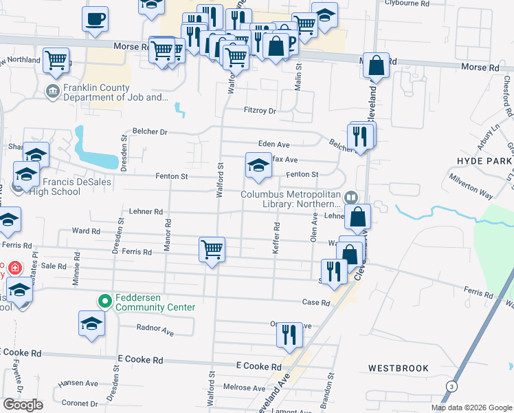 map of restaurants, bars, coffee shops, grocery stores, and more near 2100 Lehner Road in Columbus