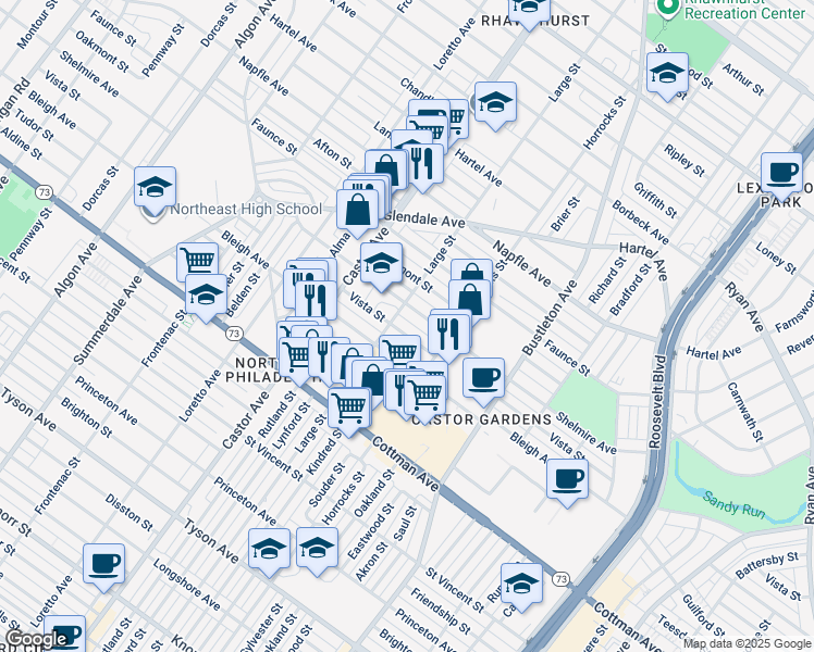 map of restaurants, bars, coffee shops, grocery stores, and more near 2111 Vista Street in Philadelphia