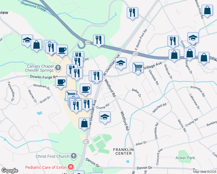 map of restaurants, bars, coffee shops, grocery stores, and more near 806 North Whitford Road in Exton