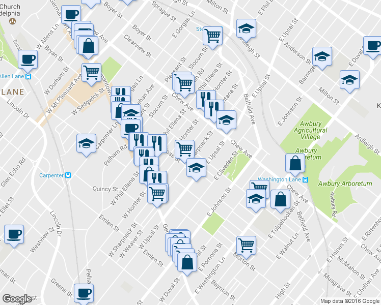 map of restaurants, bars, coffee shops, grocery stores, and more near 6608 Musgrave Street in Philadelphia