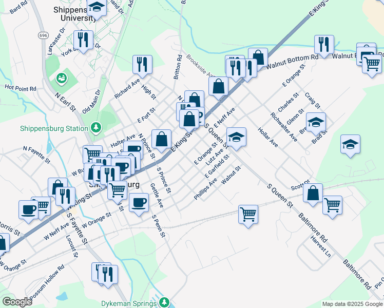 map of restaurants, bars, coffee shops, grocery stores, and more near 23 South Washington Street in Shippensburg
