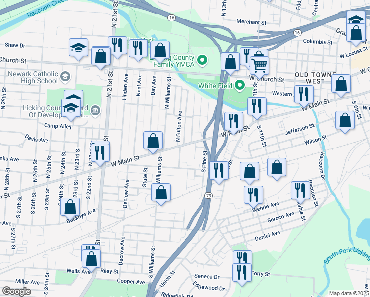 map of restaurants, bars, coffee shops, grocery stores, and more near 543 West Main Street in Newark