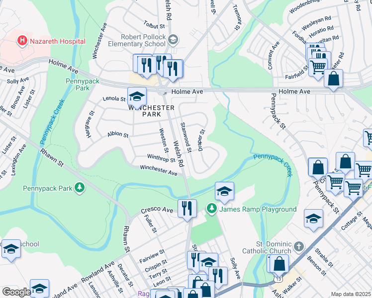 map of restaurants, bars, coffee shops, grocery stores, and more near 3140 Stanwood Street in Philadelphia