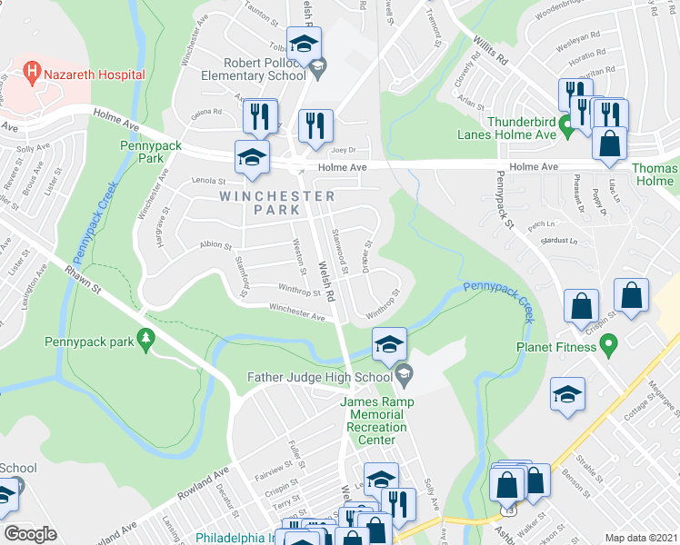 map of restaurants, bars, coffee shops, grocery stores, and more near 3140 Stanwood Street in Philadelphia