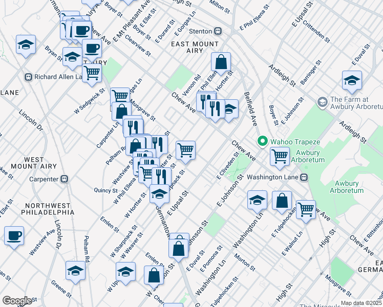 map of restaurants, bars, coffee shops, grocery stores, and more near 6608 Musgrave Street in Philadelphia