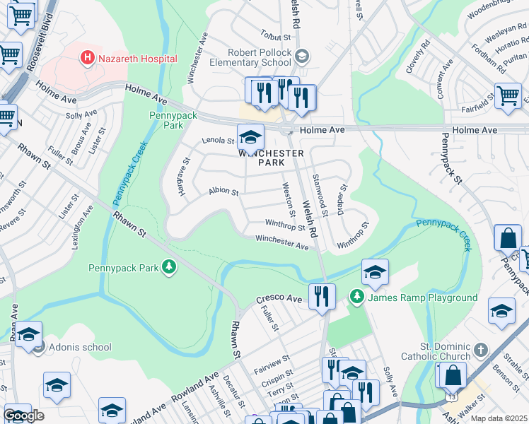 map of restaurants, bars, coffee shops, grocery stores, and more near 8114 Martindale Street in Philadelphia