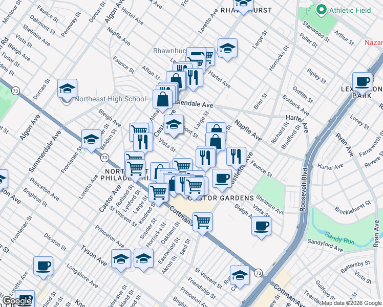 map of restaurants, bars, coffee shops, grocery stores, and more near 2121 Shelmire Avenue in Philadelphia