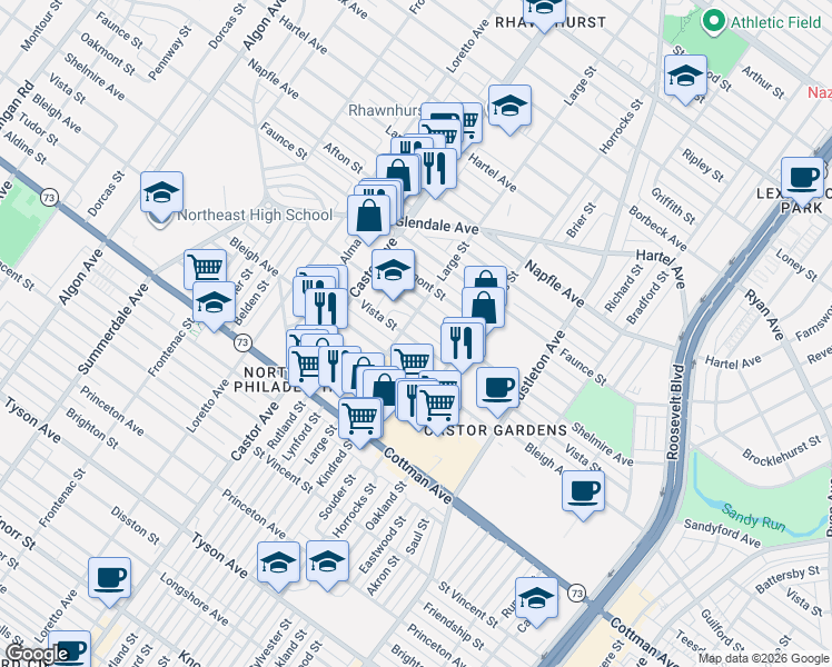 map of restaurants, bars, coffee shops, grocery stores, and more near 2100 Shelmire Avenue in Philadelphia