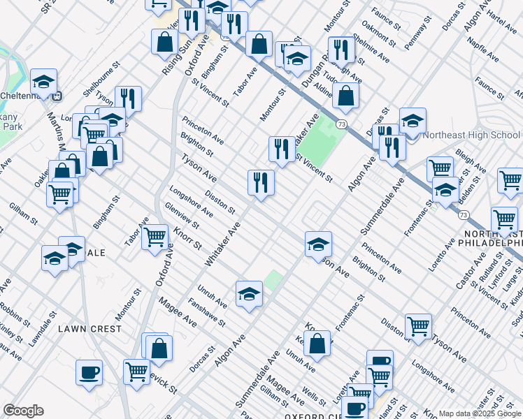 map of restaurants, bars, coffee shops, grocery stores, and more near 851 Tyson Avenue in Philadelphia