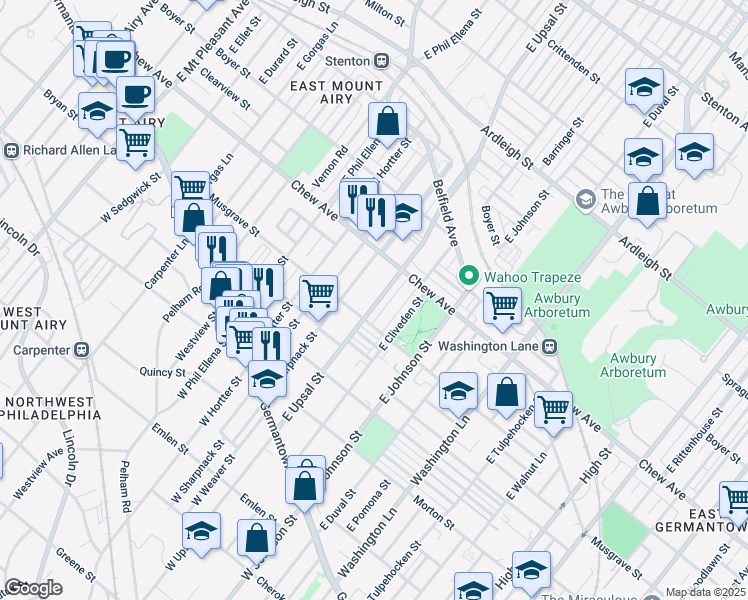map of restaurants, bars, coffee shops, grocery stores, and more near 352 East Upsal Street in Philadelphia