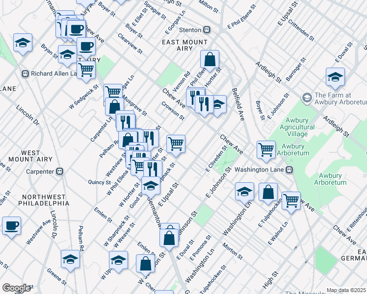 map of restaurants, bars, coffee shops, grocery stores, and more near 6634 Musgrave Street in Philadelphia
