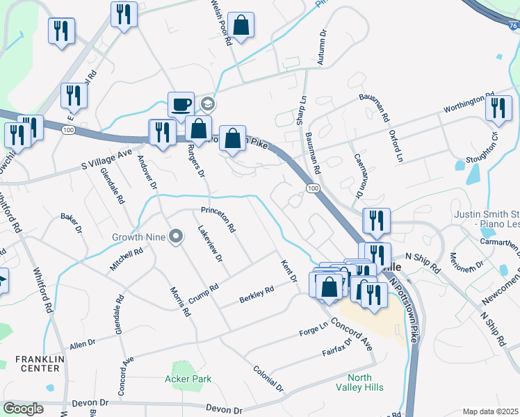 map of restaurants, bars, coffee shops, grocery stores, and more near 186 Kent Drive in Exton