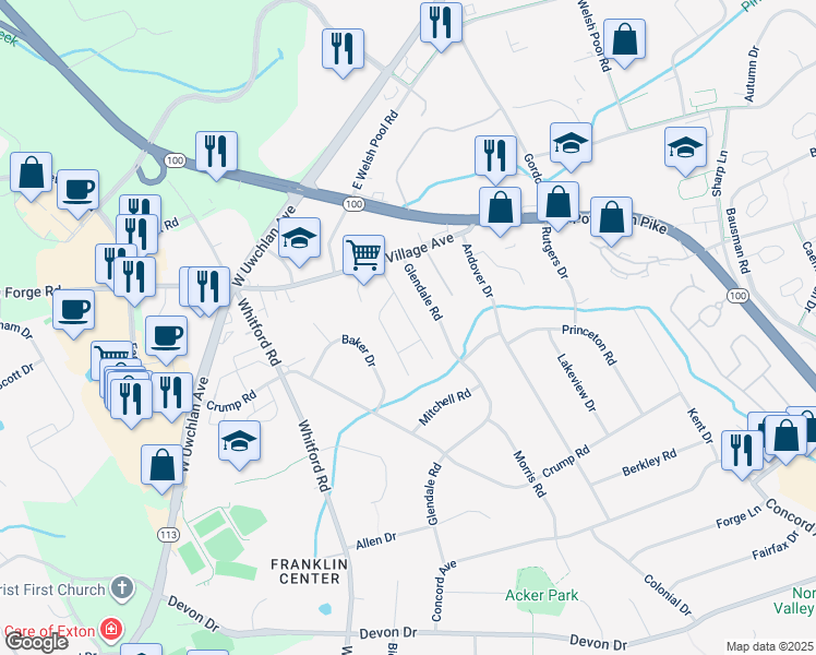 map of restaurants, bars, coffee shops, grocery stores, and more near 213 Village Walk in Exton