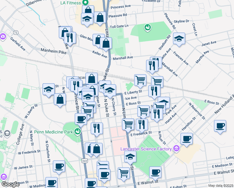 map of restaurants, bars, coffee shops, grocery stores, and more near 1017 Lititz Avenue in Lancaster