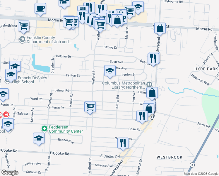 map of restaurants, bars, coffee shops, grocery stores, and more near 2100 Lehner Road in Columbus