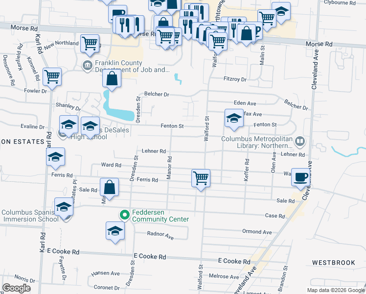 map of restaurants, bars, coffee shops, grocery stores, and more near 1951 East Beaumont Road in Columbus
