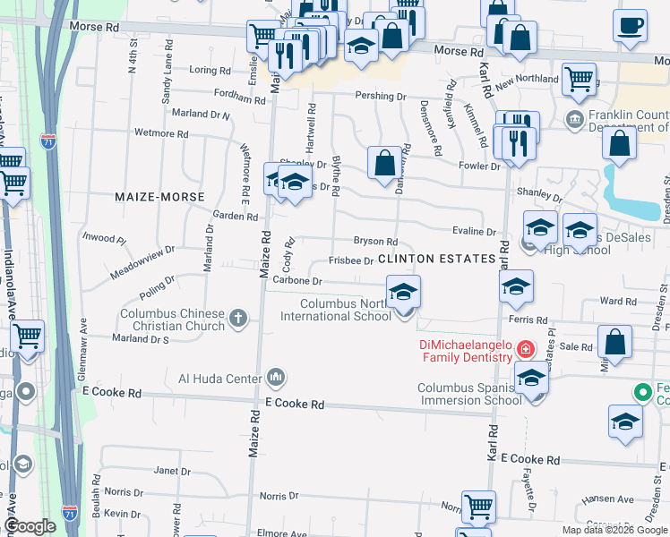 map of restaurants, bars, coffee shops, grocery stores, and more near 4256 Blythe Road in Columbus