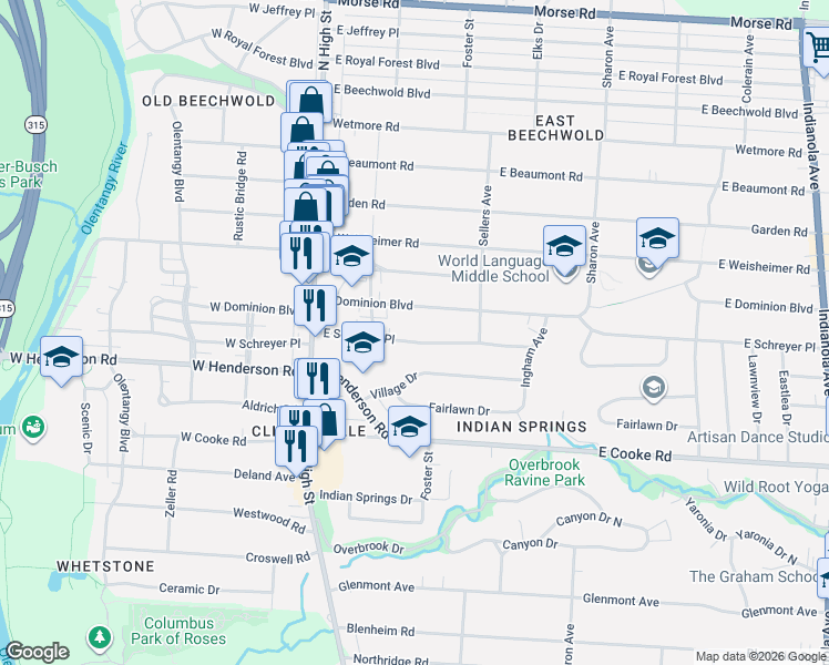 map of restaurants, bars, coffee shops, grocery stores, and more near 137 East Dominion Boulevard in Columbus