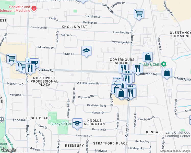 map of restaurants, bars, coffee shops, grocery stores, and more near 1320 Old Henderson Road in Columbus
