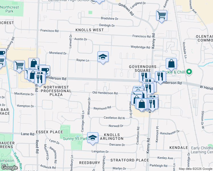 map of restaurants, bars, coffee shops, grocery stores, and more near 4655 Orwell Drive in Columbus