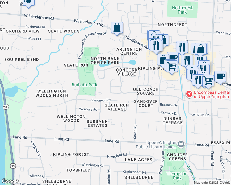 map of restaurants, bars, coffee shops, grocery stores, and more near 2255 Adner Court in Columbus