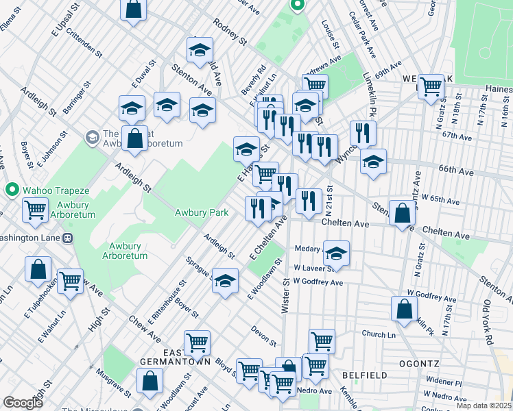 map of restaurants, bars, coffee shops, grocery stores, and more near 5807 Stockton Road in Philadelphia
